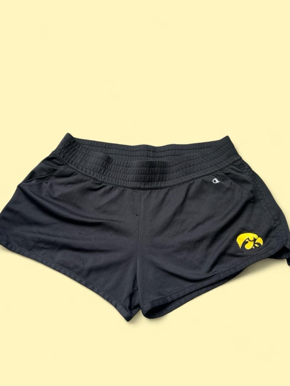 Champion Black Women’s Athletic Shorts with Yellow Hawkeye Logo